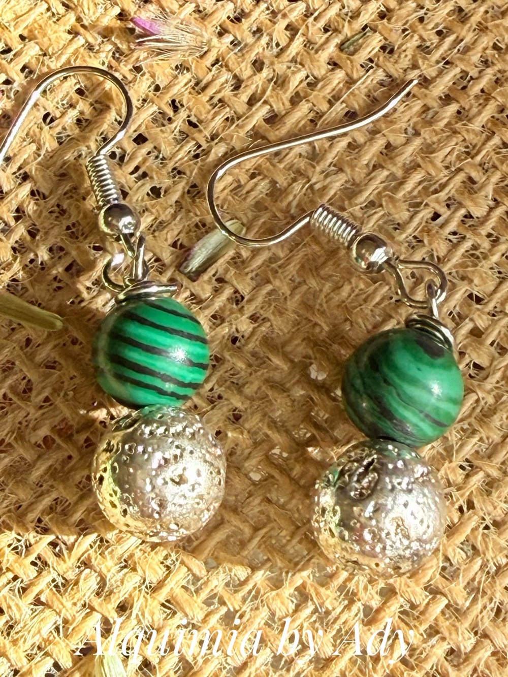Malachite Green Striped Bead and Textured Silver Dangle Earrings by